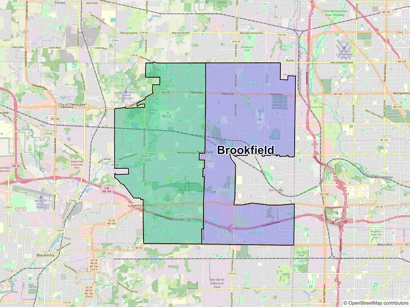 Map of Brookfield, Wisconsin and ZIP codes