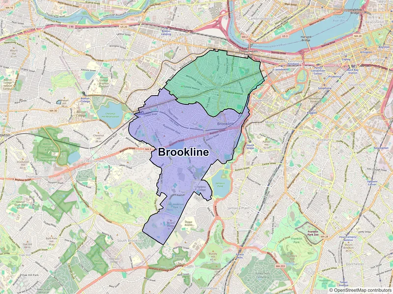 Map of Brookline, Massachusetts and ZIP codes