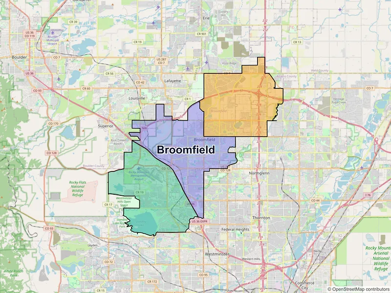 Map of Broomfield, Colorado and ZIP codes