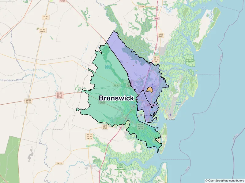 Map of Brunswick, Georgia and ZIP codes