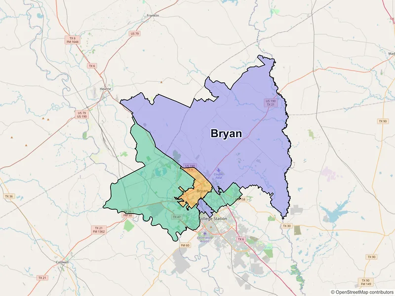 Map of Bryan, Texas and ZIP codes