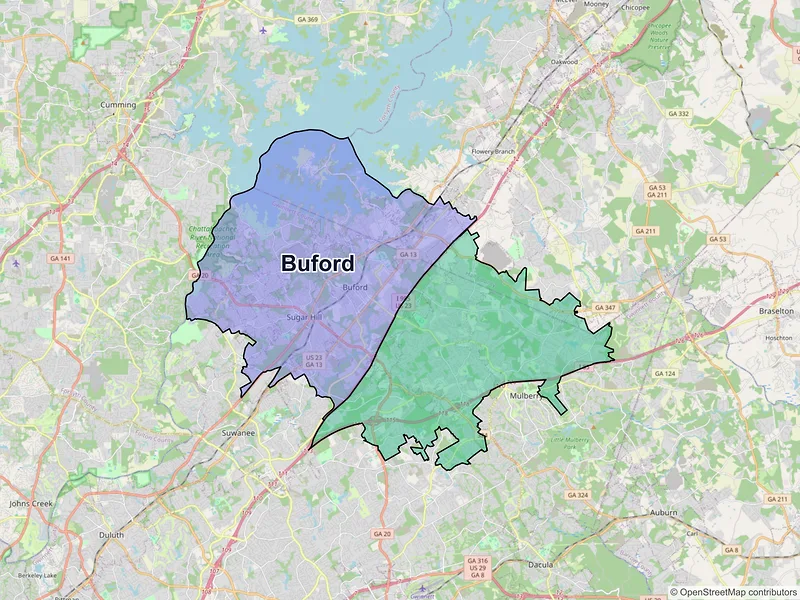 Map of Buford, Georgia and ZIP codes