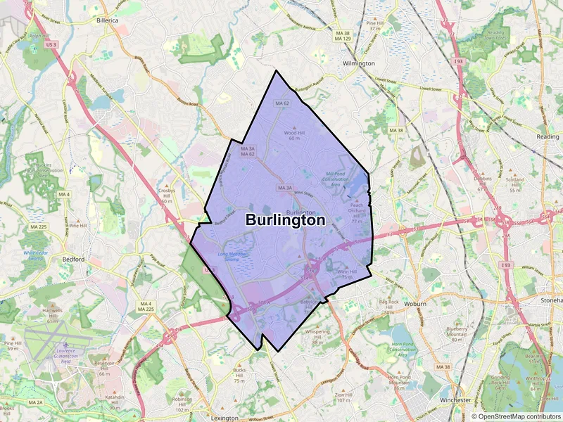 Map of Burlington, Massachusetts and ZIP codes