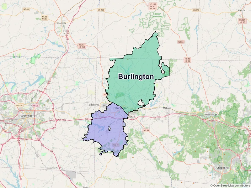 Map of Burlington, North Carolina and ZIP codes