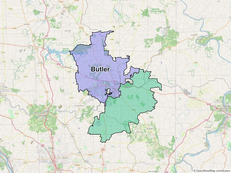 Map of Butler, Pennsylvania and ZIP codes