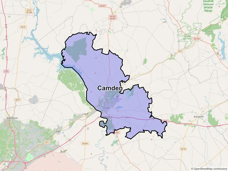 Map of Camden, South Carolina and ZIP codes