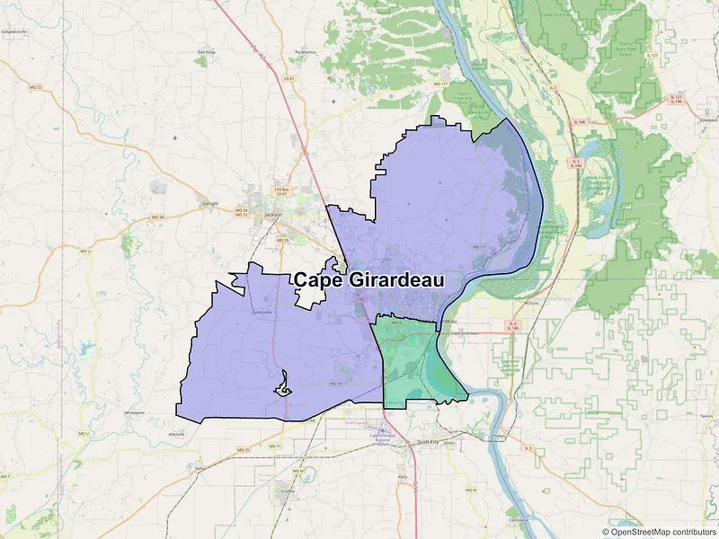 Map of Cape Girardeau, Missouri and ZIP codes