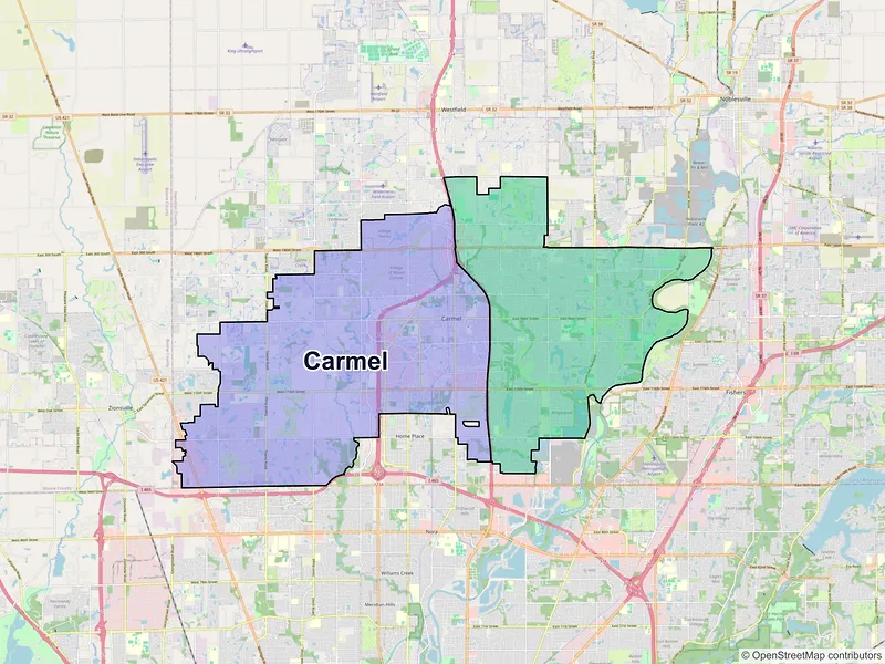 Map of Carmel, Indiana and ZIP codes