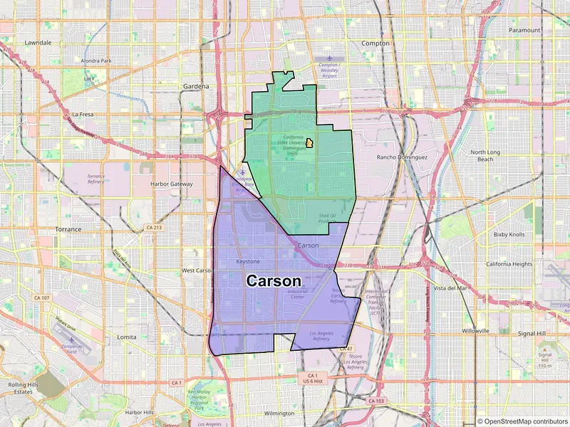 Map of Carson, California and ZIP codes