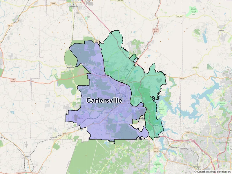 Map of Cartersville, Georgia and ZIP codes