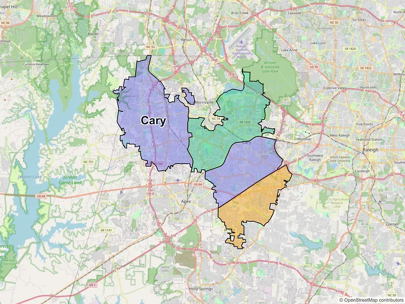 Map of Cary, North Carolina and ZIP codes