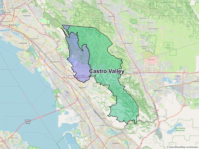 Map of Castro Valley, California and ZIP codes