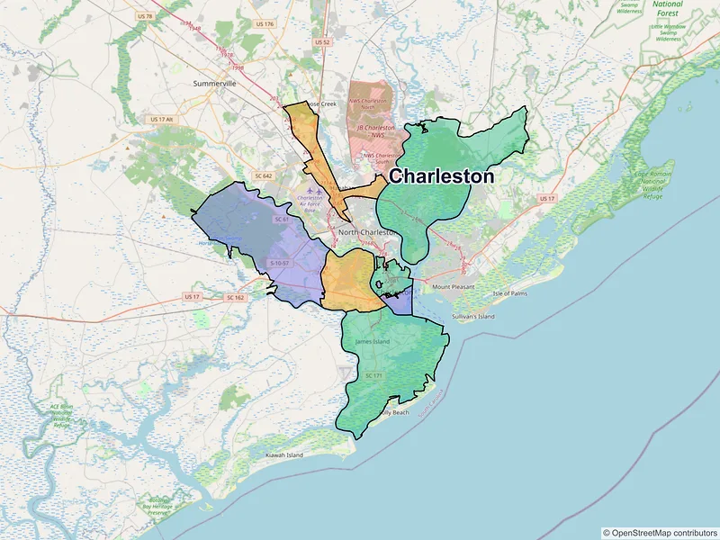 Map of Charleston, South Carolina and ZIP codes