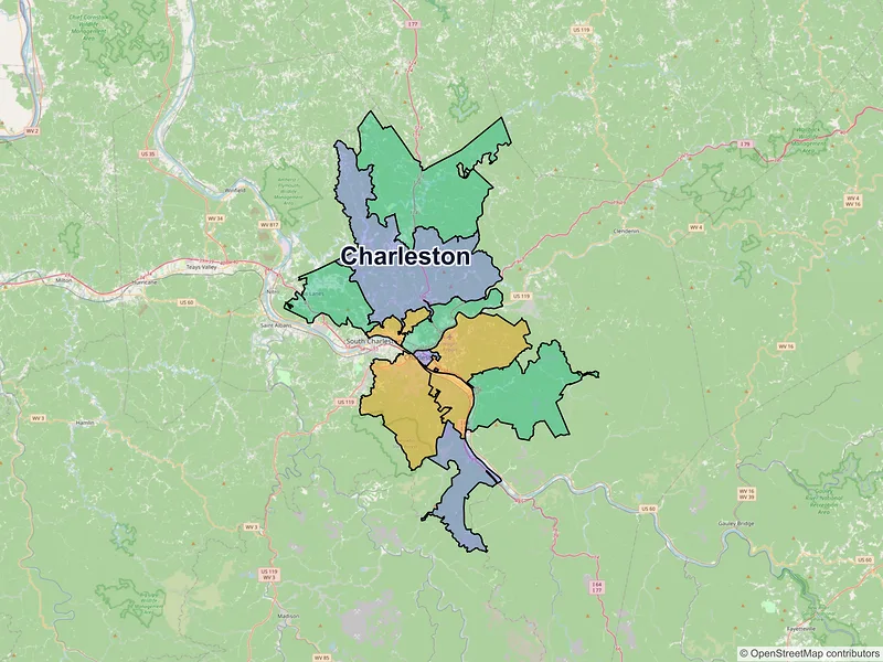 Map of Charleston, West Virginia and ZIP codes