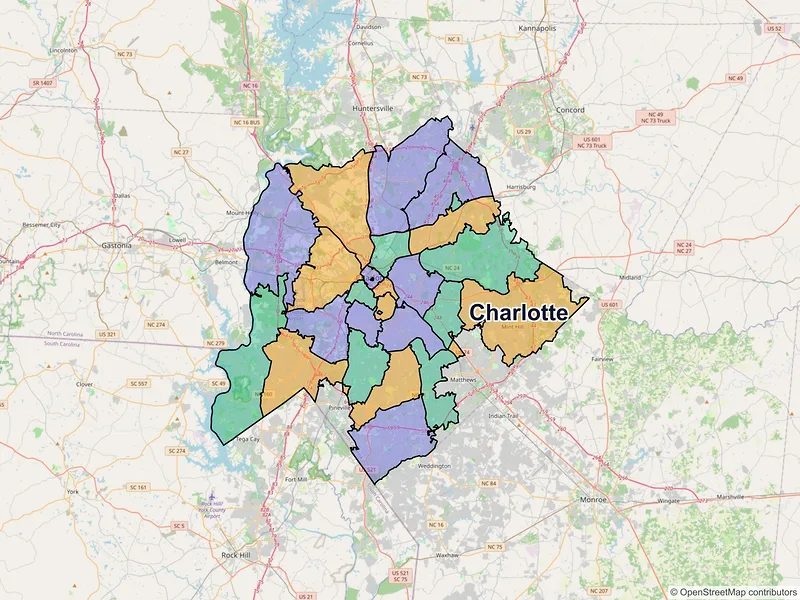 Map of Charlotte, North Carolina and ZIP codes