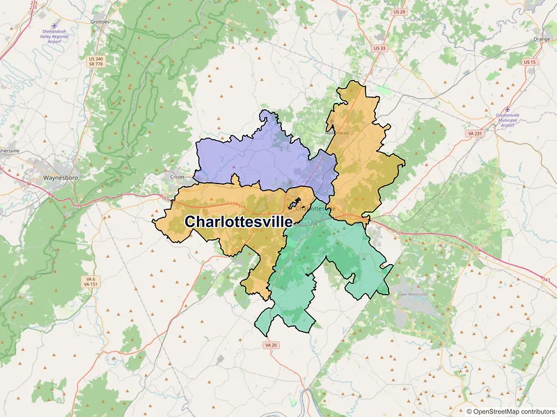Map of Charlottesville, Virginia and ZIP codes