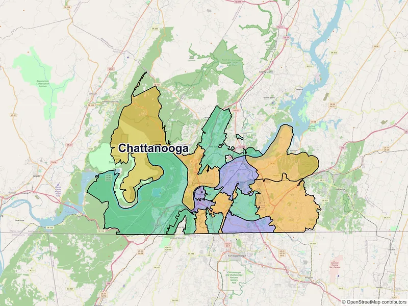Map of Chattanooga, Tennessee and ZIP codes