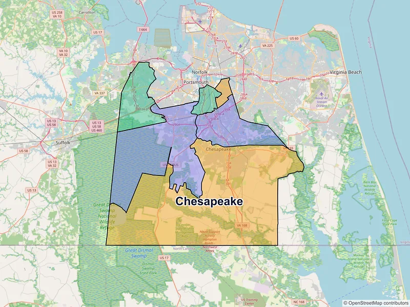 Map of Chesapeake, Virginia and ZIP codes