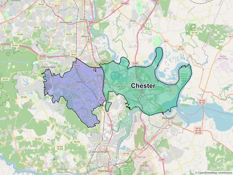 Map of Chester, Virginia and ZIP codes