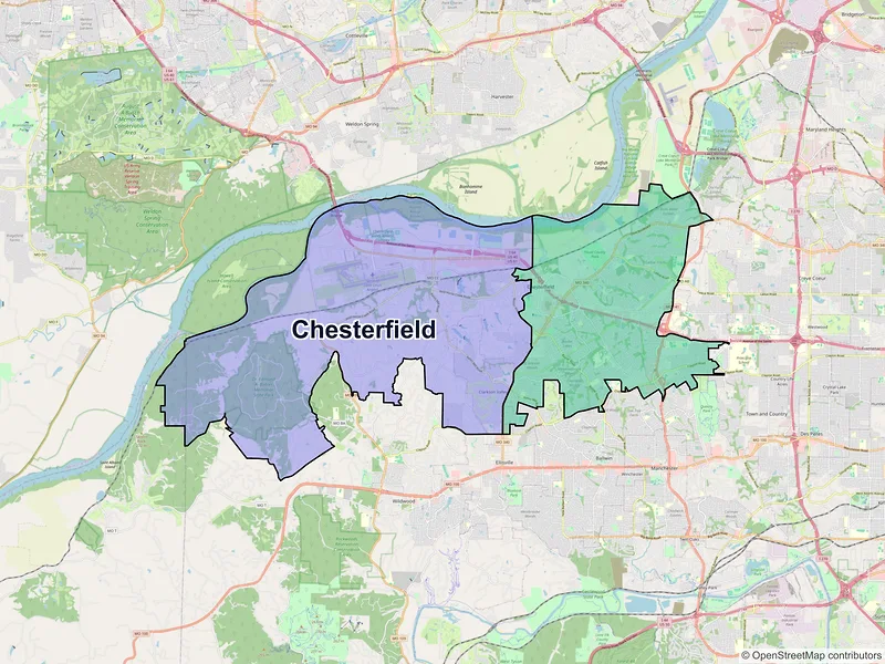 Map of Chesterfield, Missouri and ZIP codes