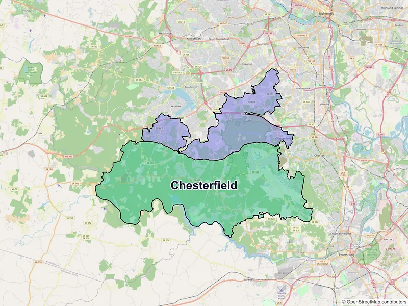 Map of Chesterfield, Virginia and ZIP codes
