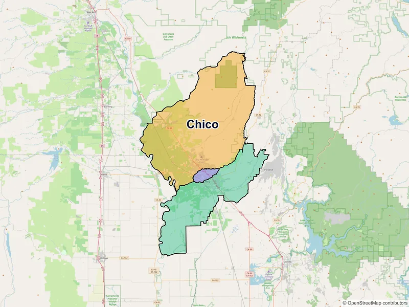 Map of Chico, California and ZIP codes