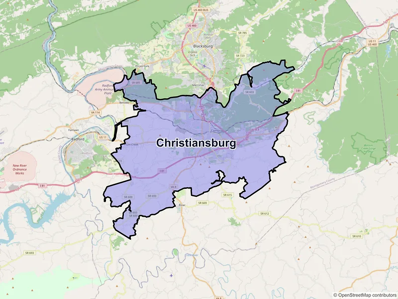 Map of Christiansburg, Virginia and ZIP codes