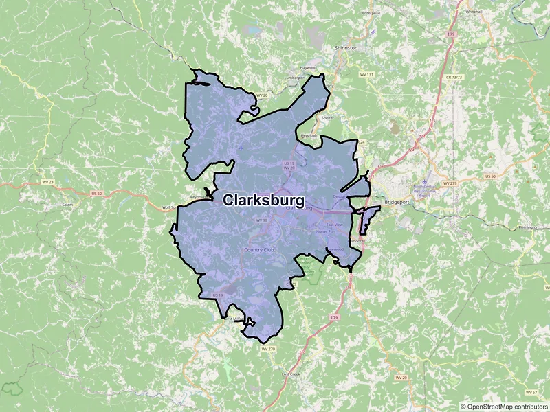 Map of Clarksburg, West Virginia and ZIP codes