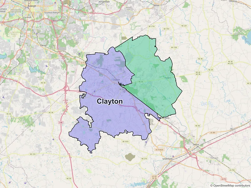 Map of Clayton, North Carolina and ZIP codes
