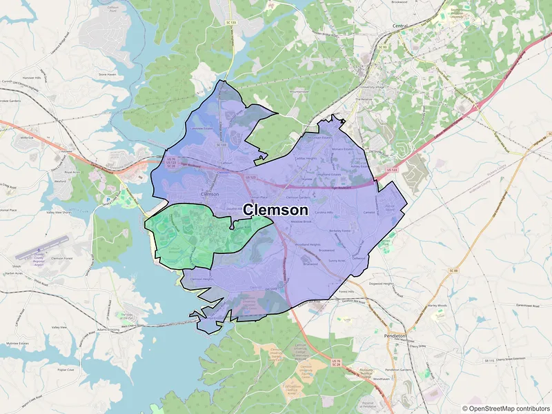 Map of Clemson, South Carolina and ZIP codes