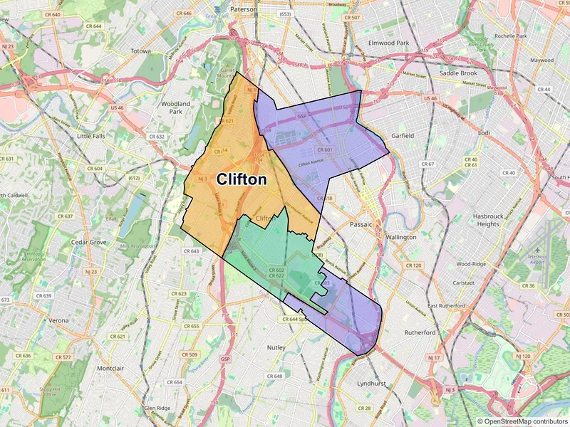 Map of Clifton, New Jersey and ZIP codes
