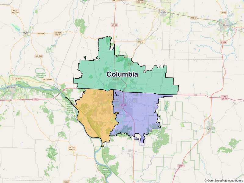 Map of Columbia, Missouri and ZIP codes