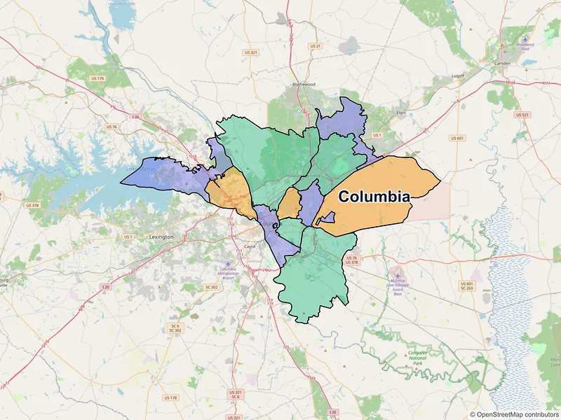 Map of Columbia, South Carolina and ZIP codes