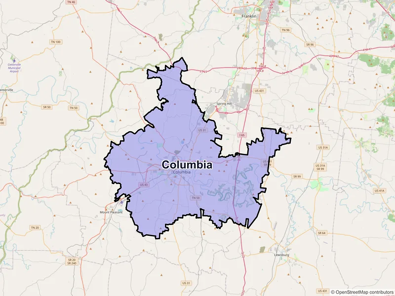 Map of Columbia, Tennessee and ZIP codes