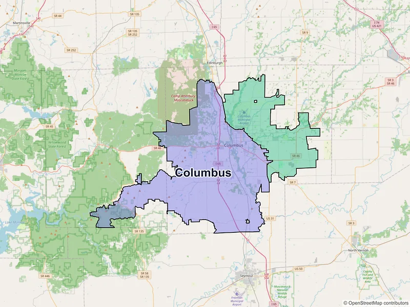 Map of Columbus, Indiana and ZIP codes