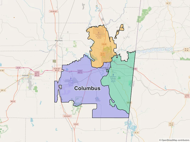 Map of Columbus, Mississippi and ZIP codes