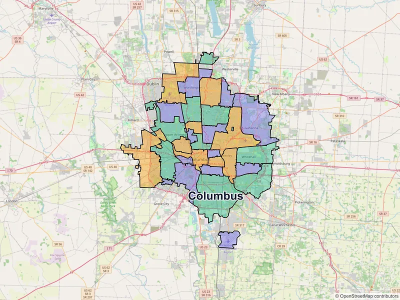 Map of Columbus, Ohio and ZIP codes