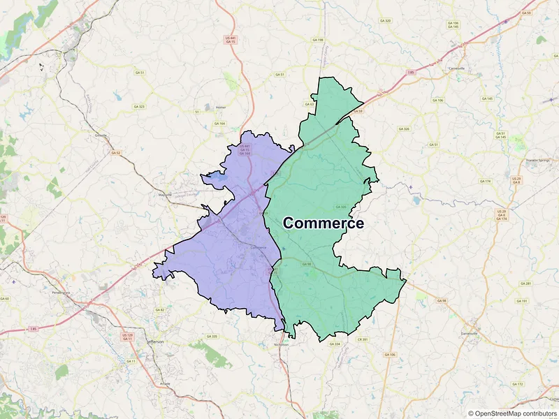 Map of Commerce, Georgia and ZIP codes