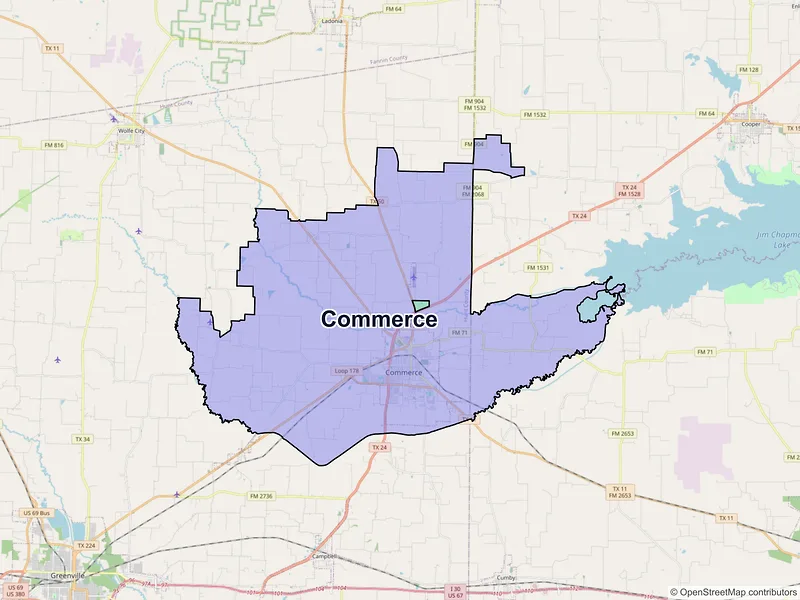 Map of Commerce, Texas and ZIP codes