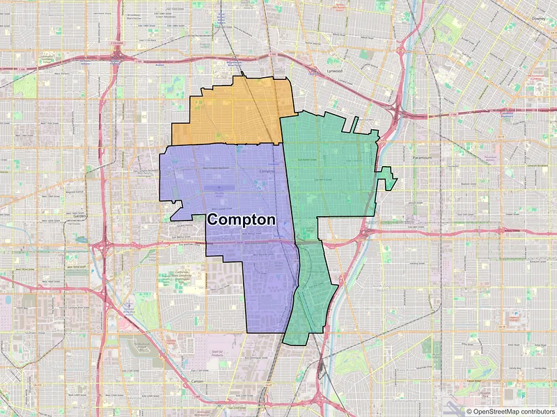 Map of Compton, California and ZIP codes