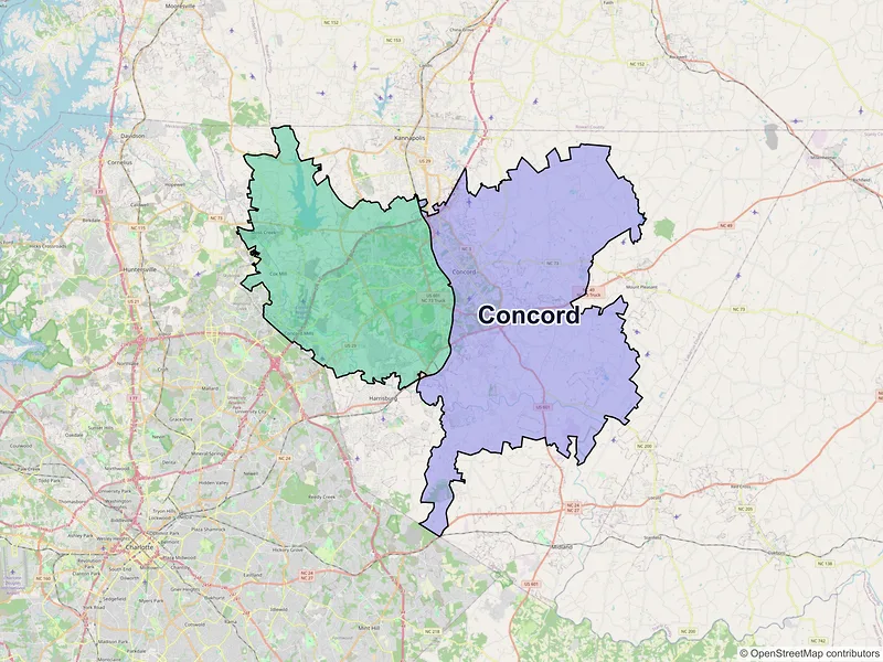 Map of Concord, North Carolina and ZIP codes