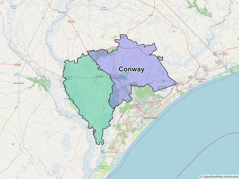 Map of Conway, South Carolina and ZIP codes