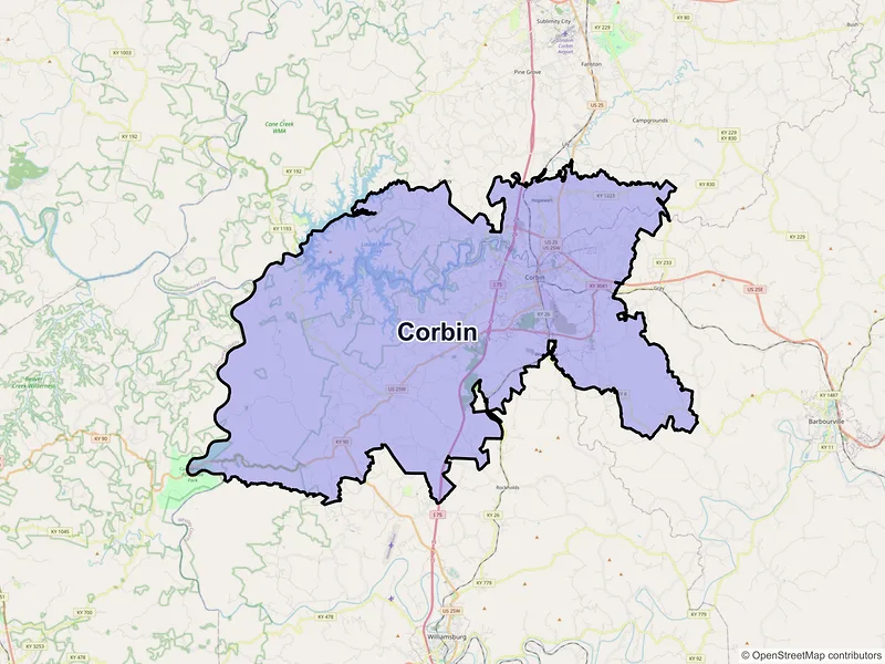 Map of Corbin, Kentucky and ZIP codes