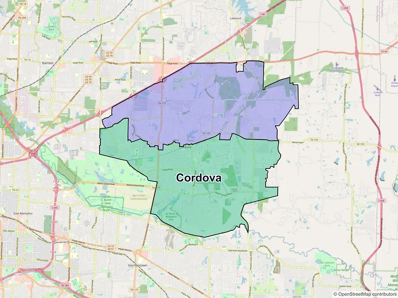Map of Cordova, Tennessee and ZIP codes