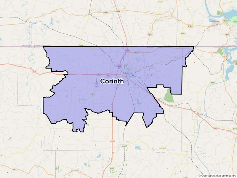 Map of Corinth, Mississippi and ZIP codes