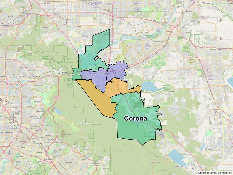 Map of Corona, California and ZIP codes