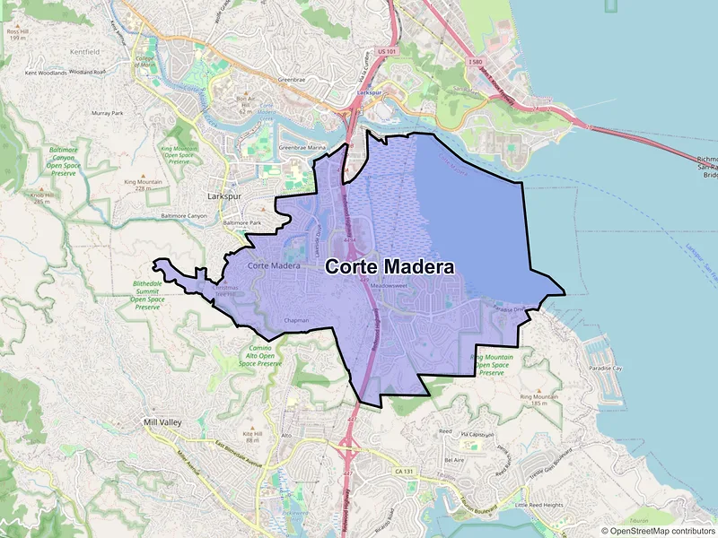 Map of Corte Madera, California and ZIP codes