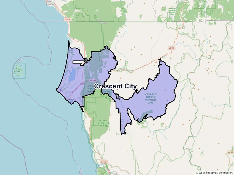 Map of Crescent City, California and ZIP codes