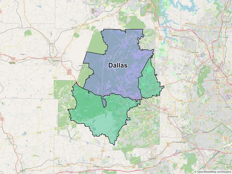 Map of Dallas, Georgia and ZIP codes