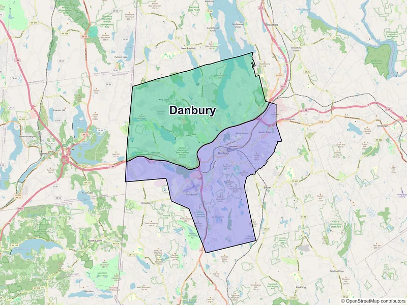 Map of Danbury, Connecticut and ZIP codes
